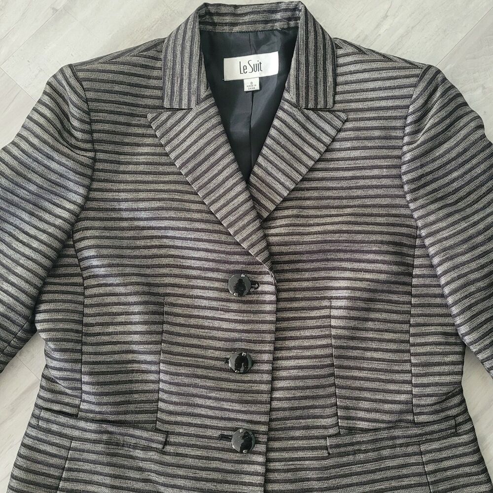 Le Suit Blazer Jacket Womens Size 8 Black Gray Strip Polyester Office Career
